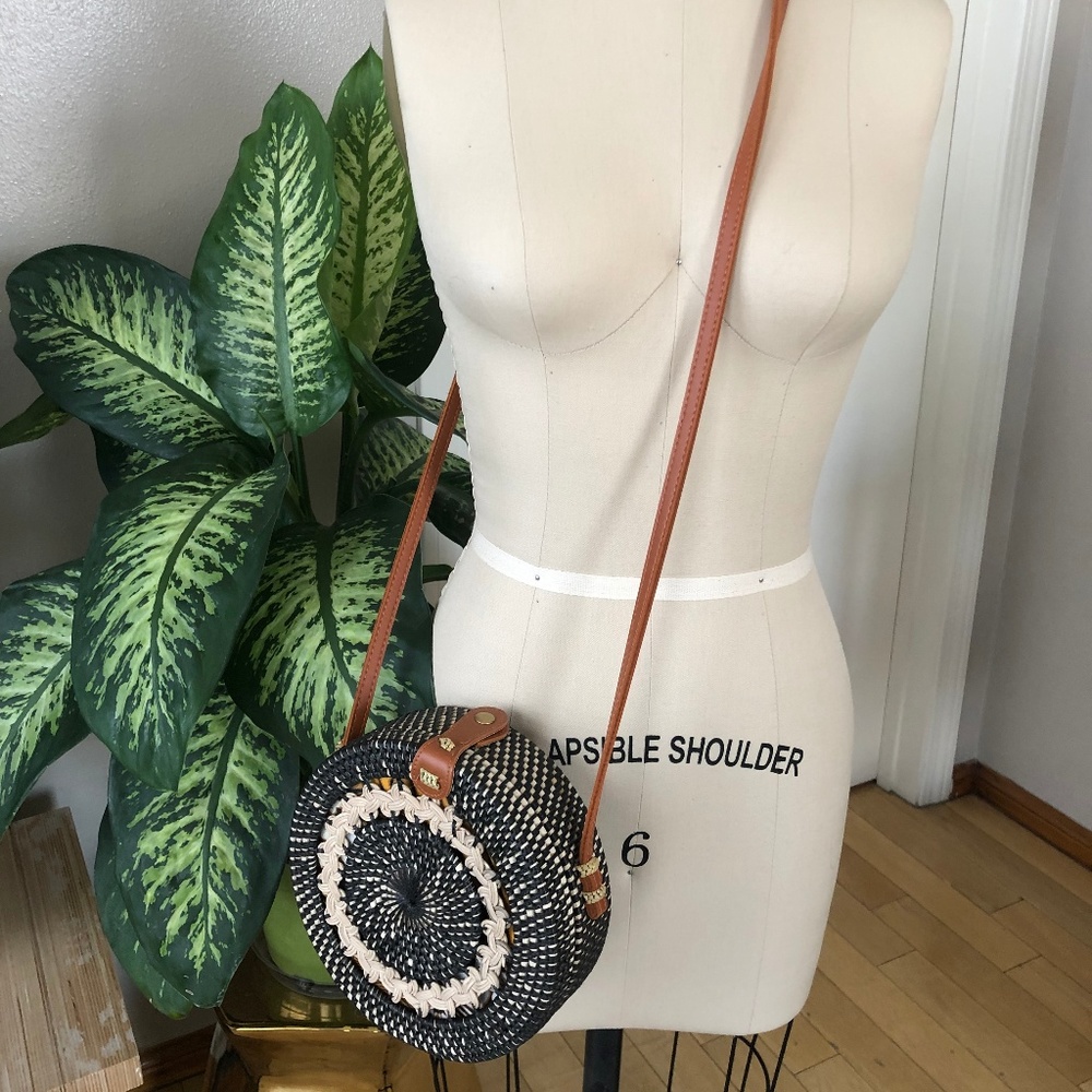 Mini Black & Cream Handwoven Rattan Bag